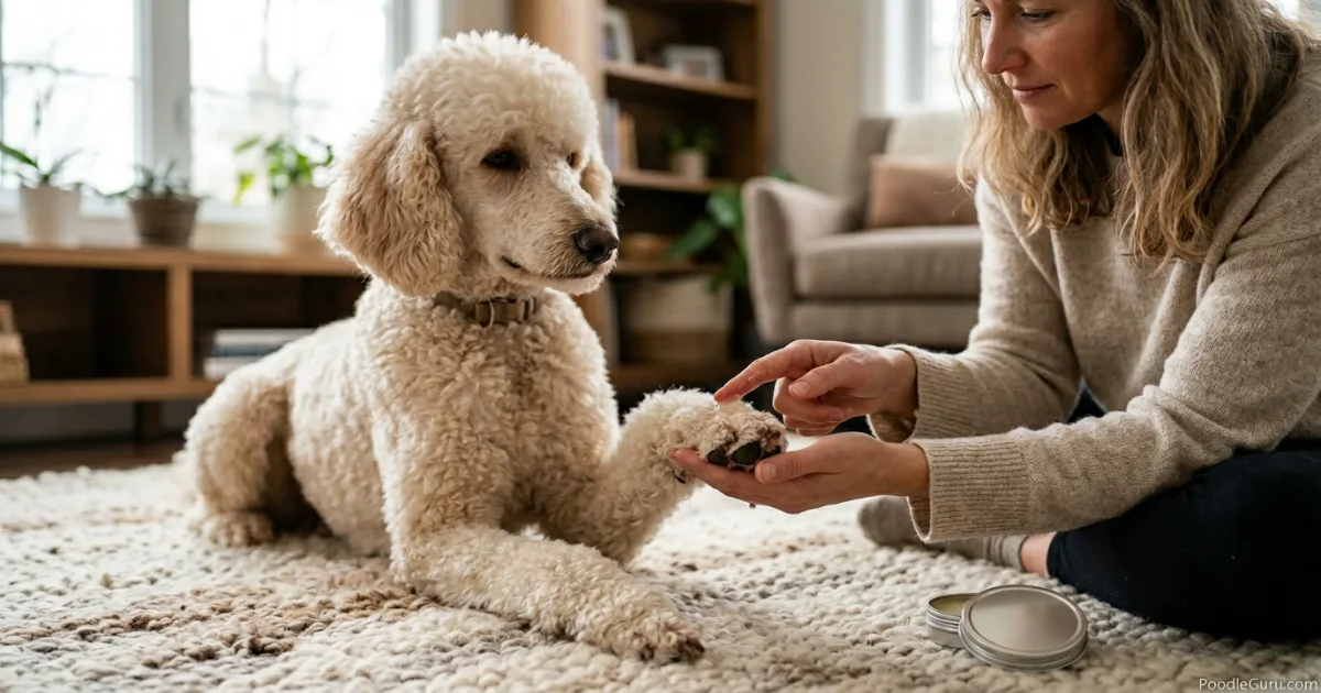 Owner gently applying dog-safe paw balm to a poodle paw pad