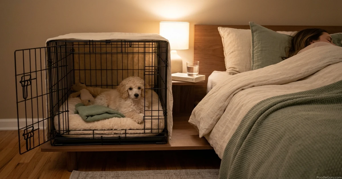 Bedside crate setup to soothe poodle puppy crying at night