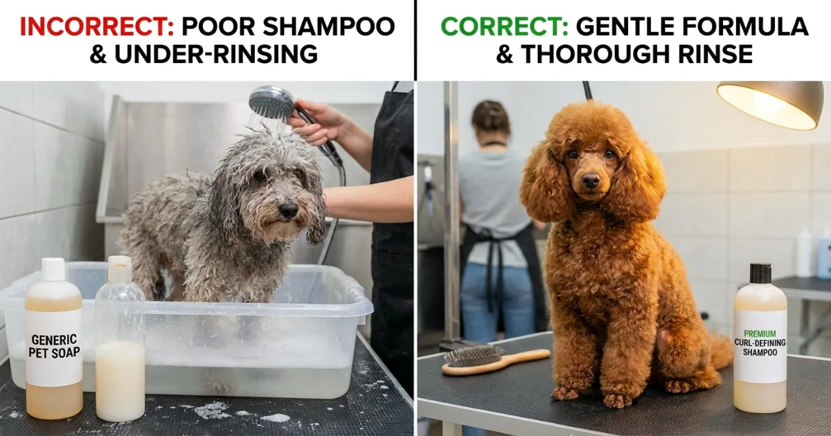 Poodle being bathed with the best shampoo for poodles in a grooming sink