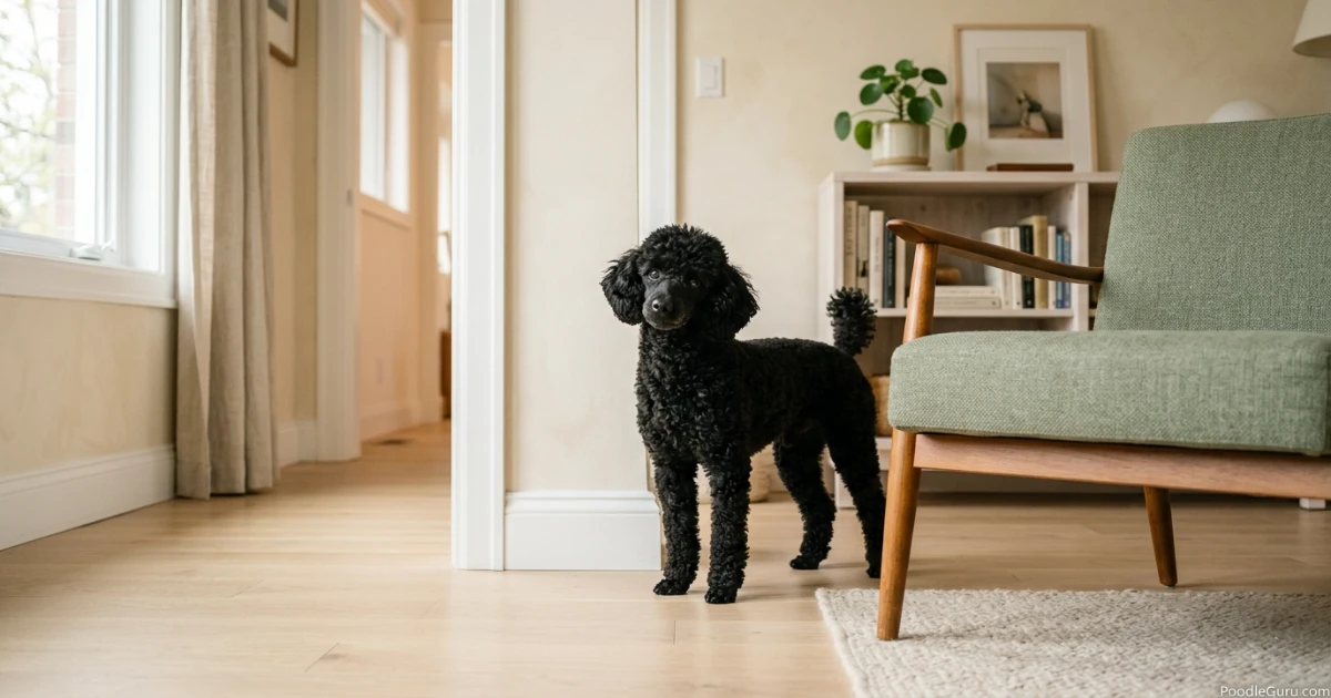 Black Miniature Poodle standing near an indoor doorway, a common marking target