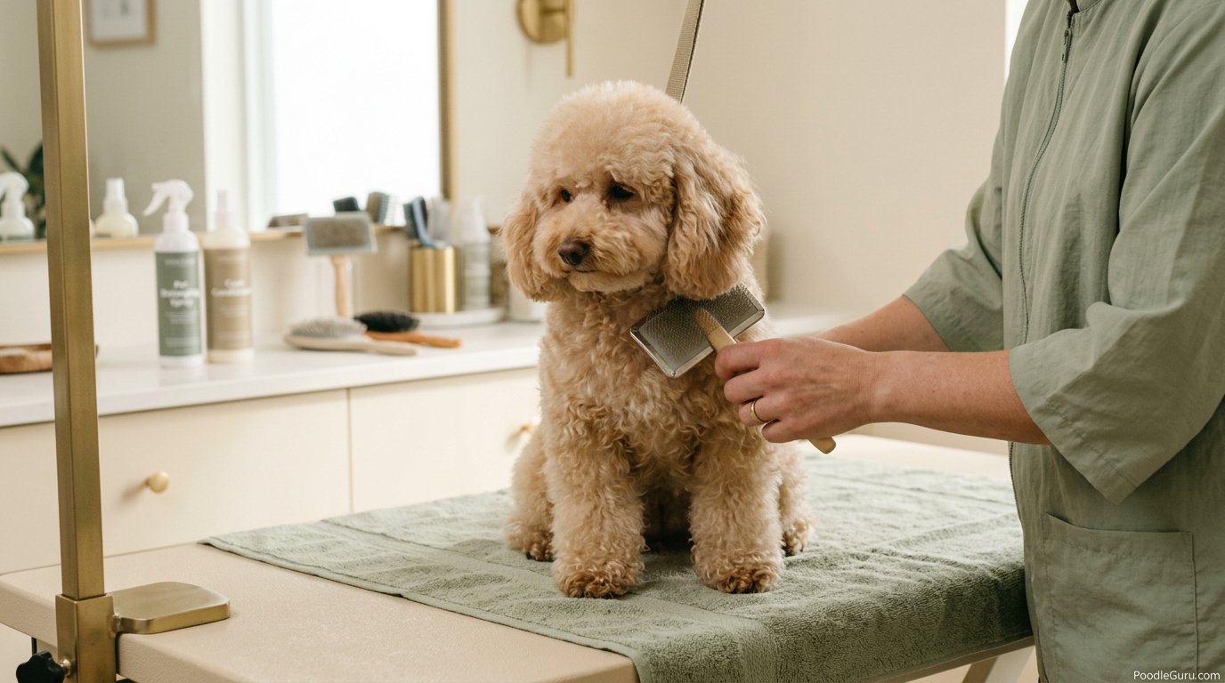 Miniature Poodle being brushed to reduce poodle dandruff and distribute skin oils