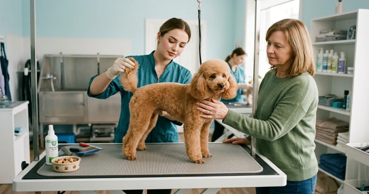 Calm miniature poodle on a non-slip grooming table during a gentle rear-end health check