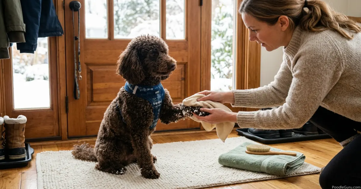 Owner wiping snow and ice from a Miniature Poodle's paw after winter play