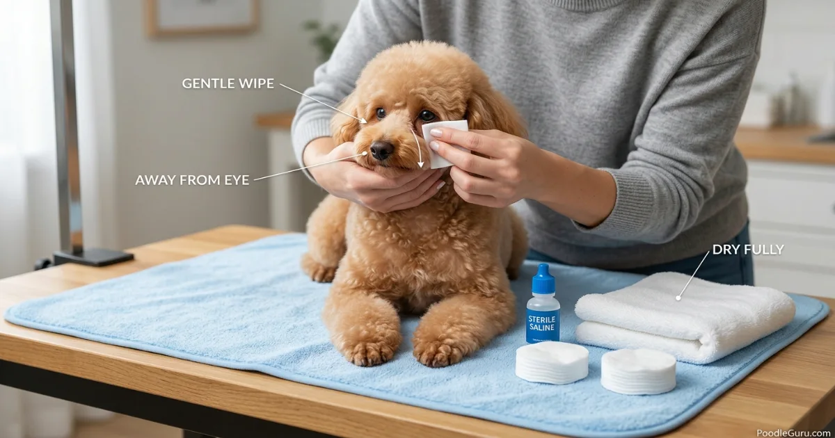 Owner gently cleaning poodle tear stains with a vet-approved wipe while keeping the pad away from the eye