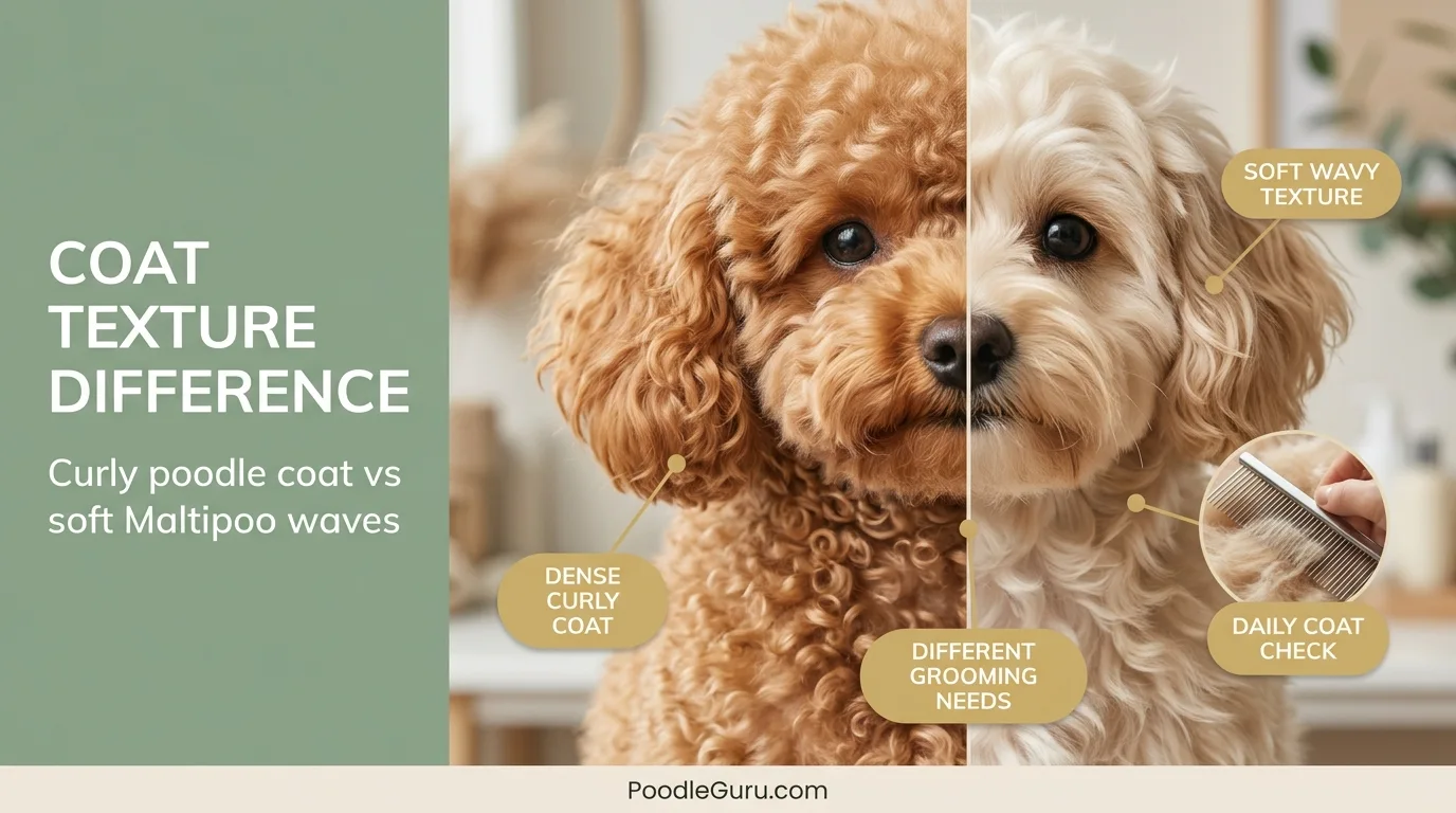 Close-up comparison of curly Toy Poodle coat and wavy Maltipoo coat