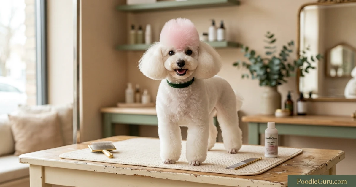 White Toy Poodle with pet-safe pink poodle mohawk haircut
