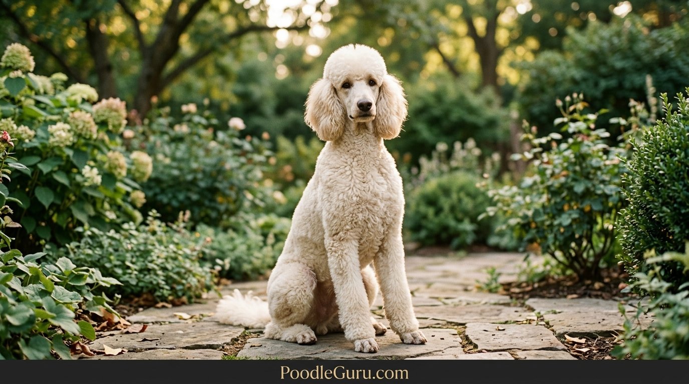Confident Standard Poodle sitting outdoors showing calm visual deterrent presence