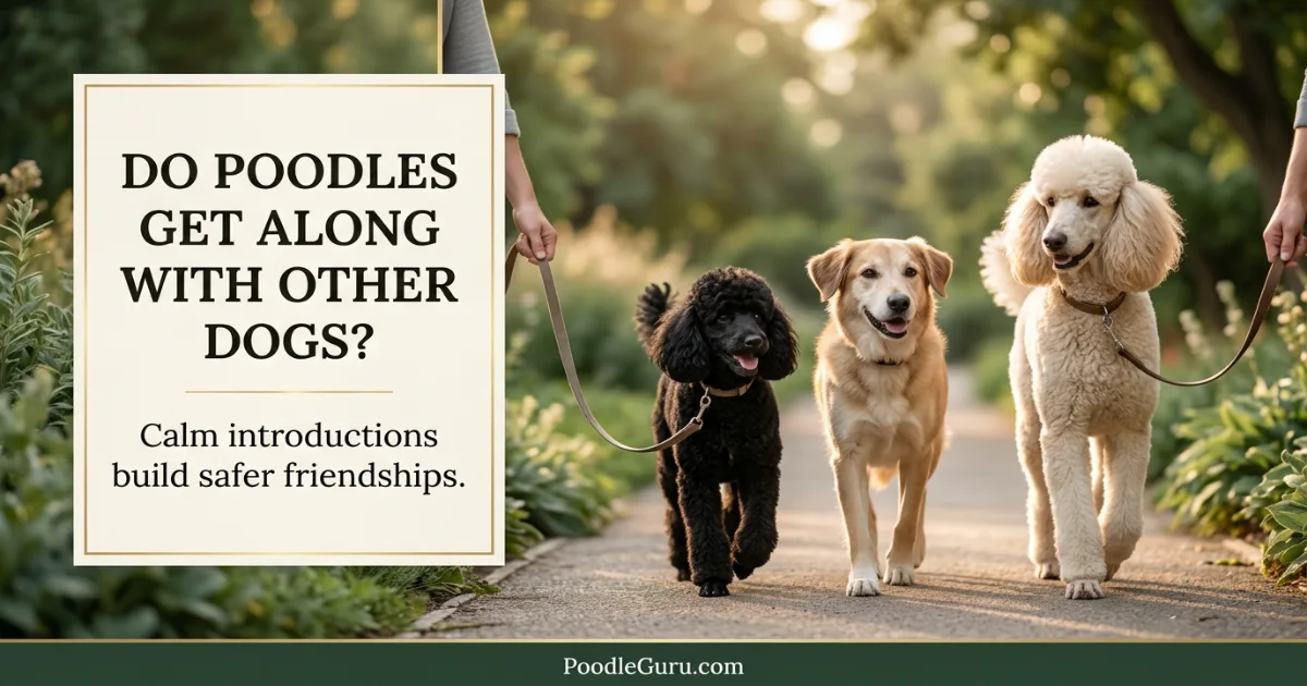 Do poodles get along with other dogs safely during a calm supervised walk