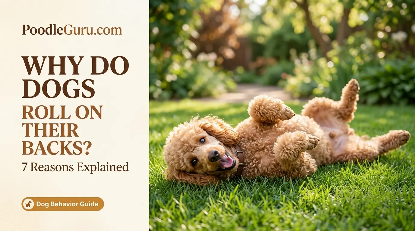 Happy poodle rolling on its back on green grass