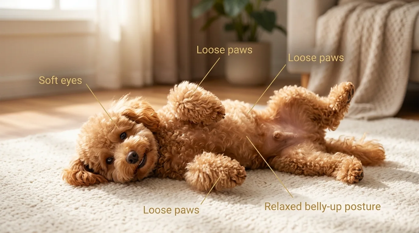 Dog wiggling happily on its back while showing relaxed body language