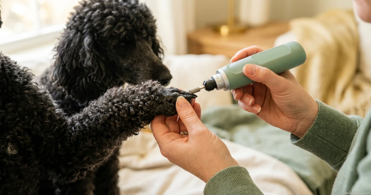 Close-up of safely grinding a dark poodle nail with a pet nail dremel