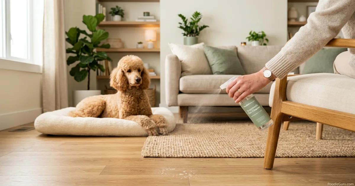 Owner applying enzymatic cleaner to furniture leg where poodle marked indoors