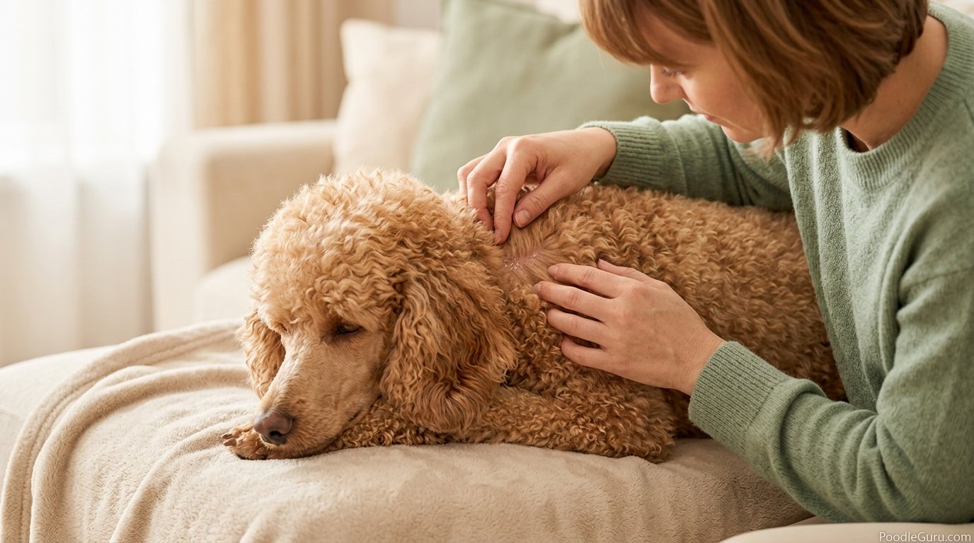 Owner gently checking poodle skin for dandruff flakes
