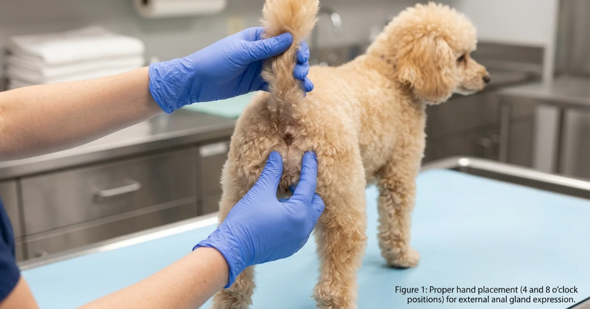 Educational illustration of safe external anal gland expression hand position for a poodle after vet demonstration