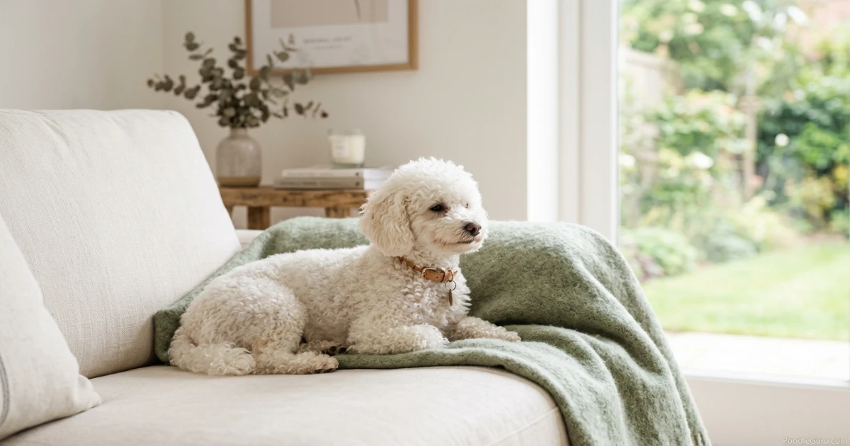 Adult Toy Poodle fully grown, resting calmly on a sofa