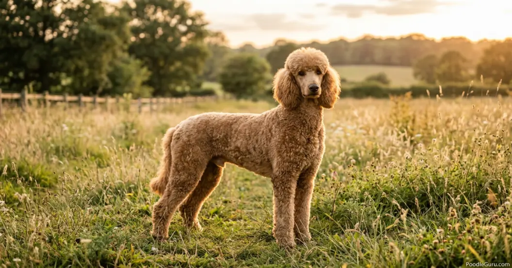 Fully mature adult Standard Poodle with filled-out chest standing in a field
