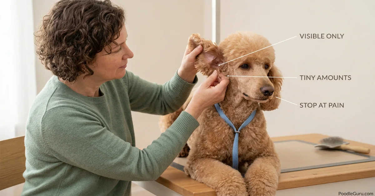 Owner gently checking visible poodle ear hair at the ear opening without deep plucking