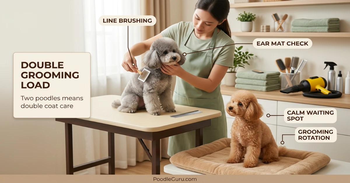 Owner brushing a miniature poodle on a grooming table while a second poodle waits nearby watching