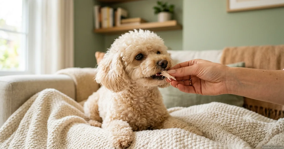 Toy Poodle accepting food gently from a hand during appetite recovery