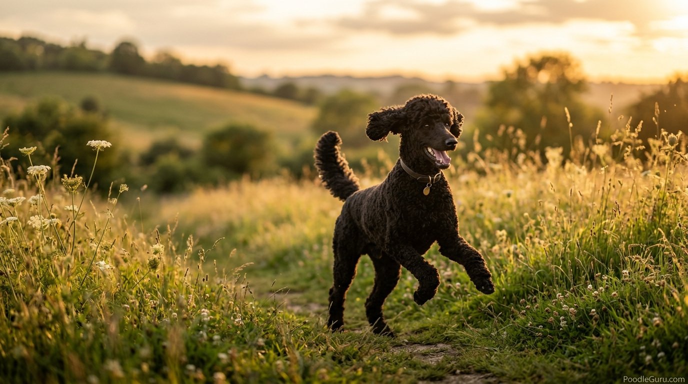 Standard Poodle running outdoors with a healthy dandruff-free coat
