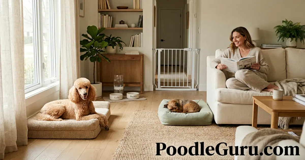 happy poodle and small dog coexisting peacefully in a sunlit living room