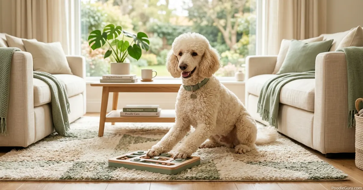 Happy Standard Poodle playing with an enrichment toy indoors