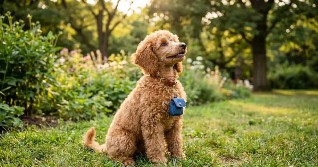 Happy poodle puppy sitting calmly outdoors after consistent bite training