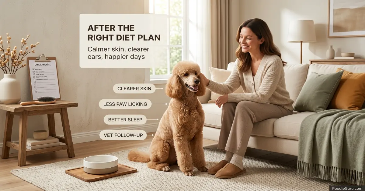 Healthy poodle with shiny coat after food allergy management