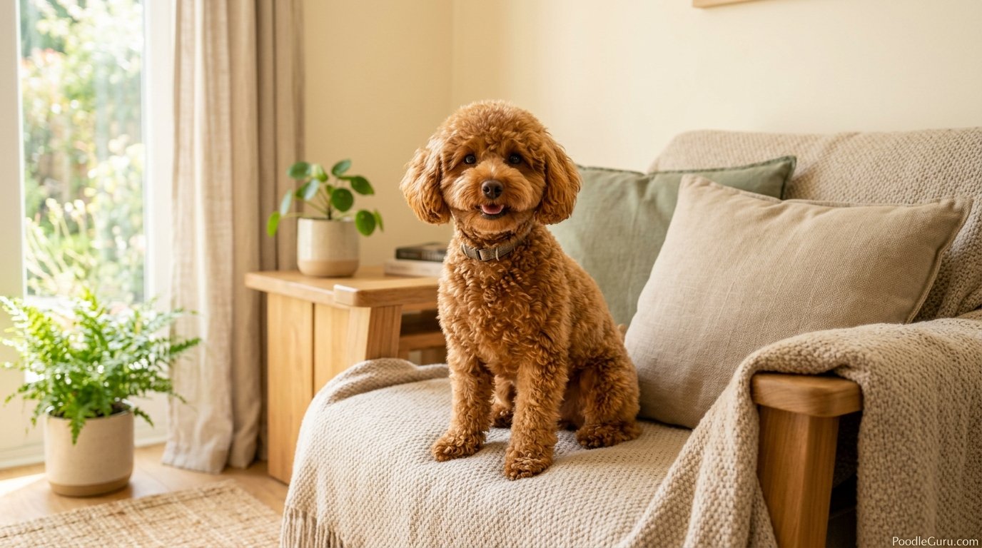 Toy Poodle with glossy healthy coat after poodle dandruff care routine