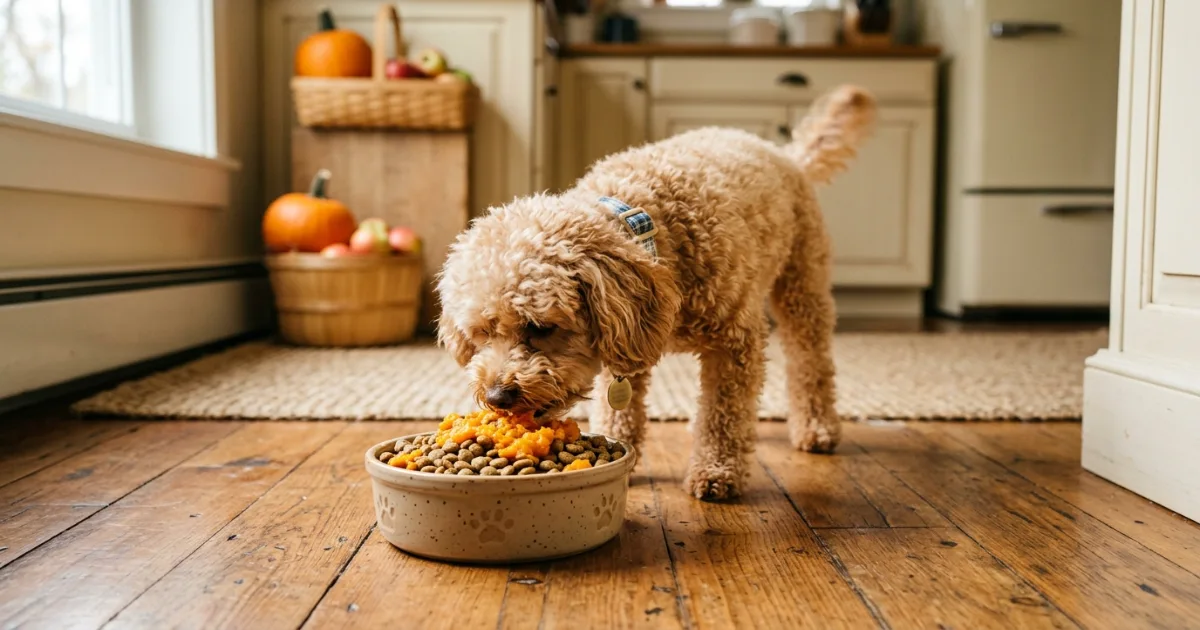Poodle eating a balanced meal with vet-approved fiber support for digestive and anal gland health