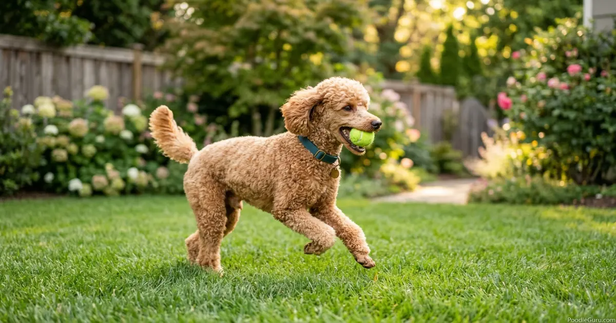 Healthy Toy Poodle playing fetch as a safer alternative to risky teacup poodle marketing
