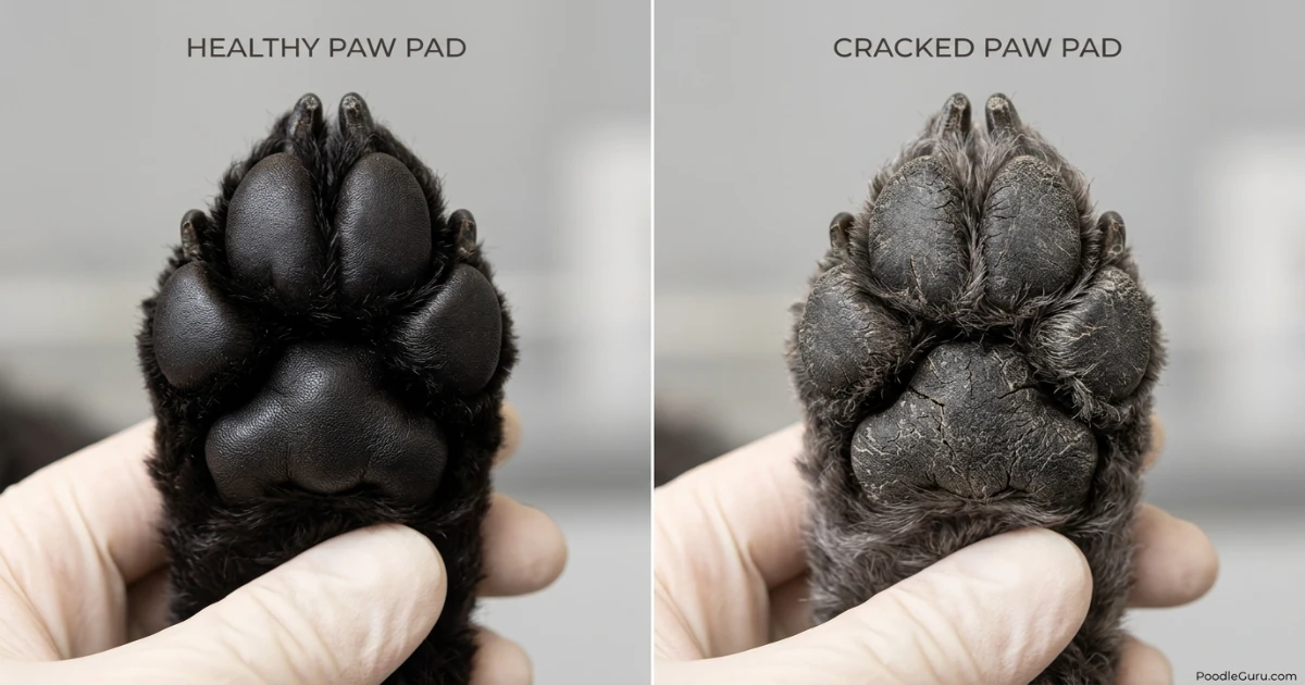 Comparison of healthy poodle paw pads and dry cracked poodle paw pads