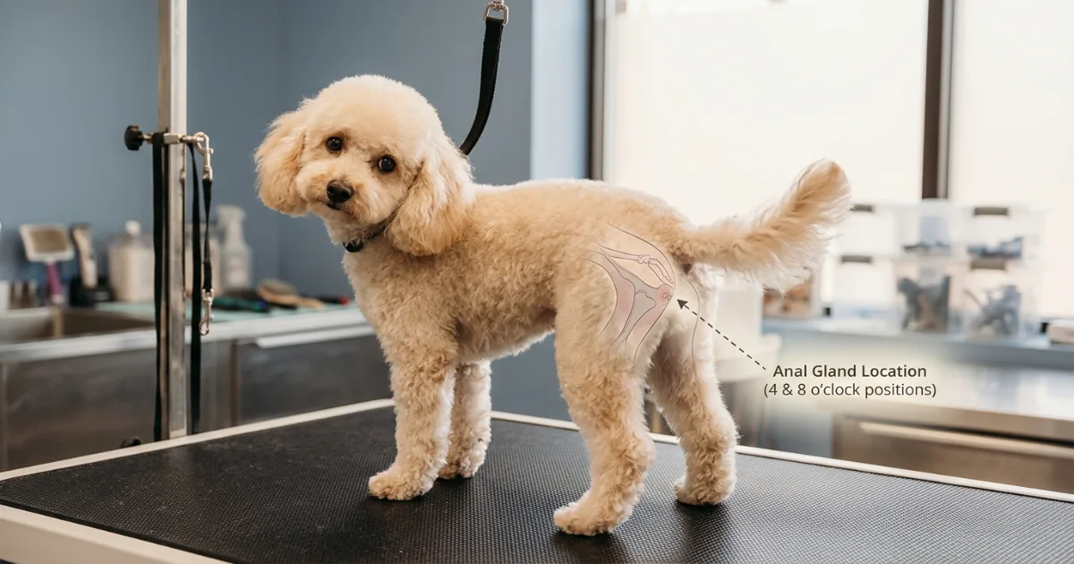 Poodle anal gland expression safety guide showing a calm poodle at a veterinary clinic while a veterinarian explains anal gland care
