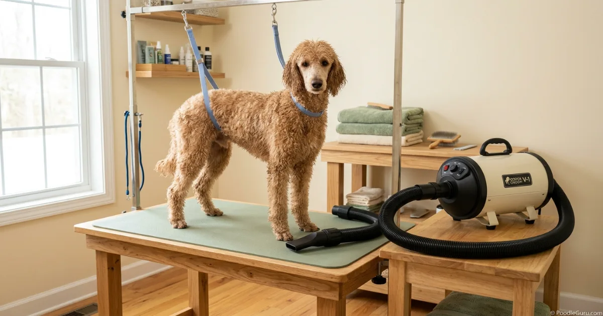 High-velocity dog dryer setup for drying a damp Standard Poodle on a grooming table