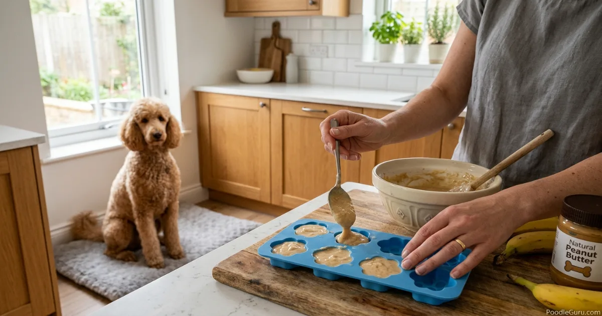 Three poodles of different sizes eating frozen treats from size-appropriate bowls