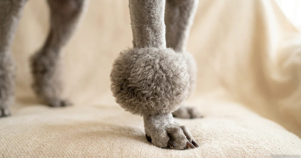 Close-up of a silver Poodle lower leg showing a sculpted Poodle Miami clip bracelet cuff above the paw