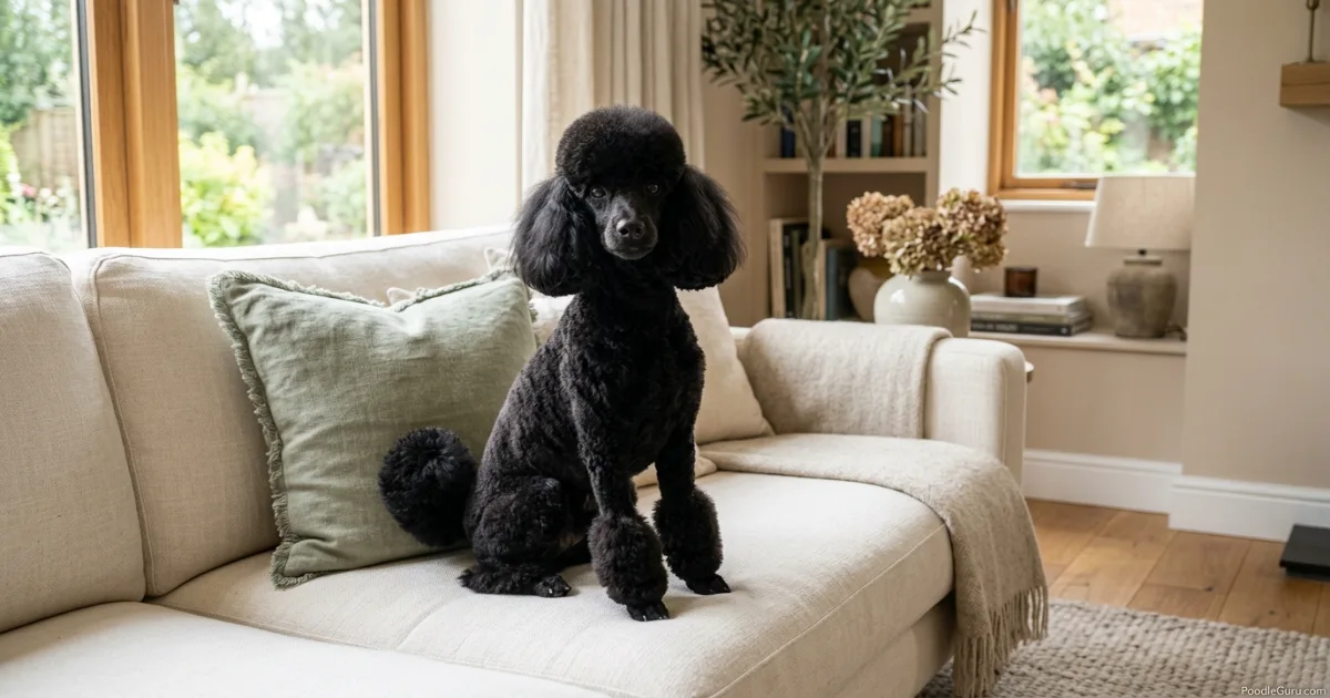 Black Miniature Poodle in a Poodle Miami clip sitting on a cream sofa near a sunlit window