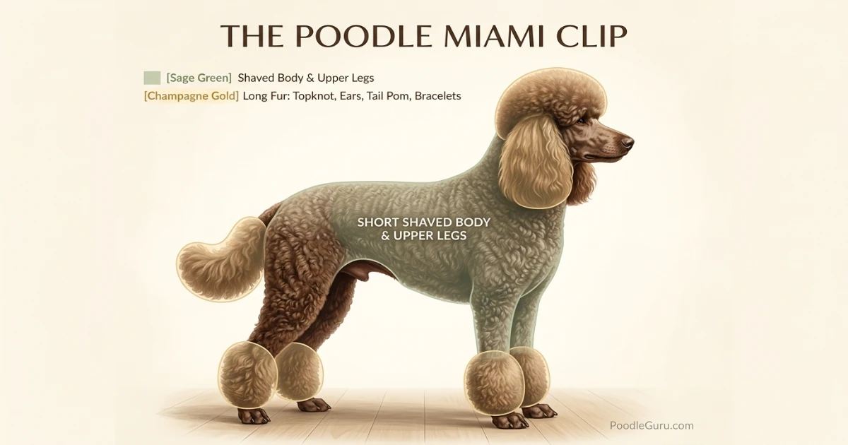 Brown Standard Poodle in profile with color-coded overlay showing Poodle Miami clip clean zones and bracelet areas