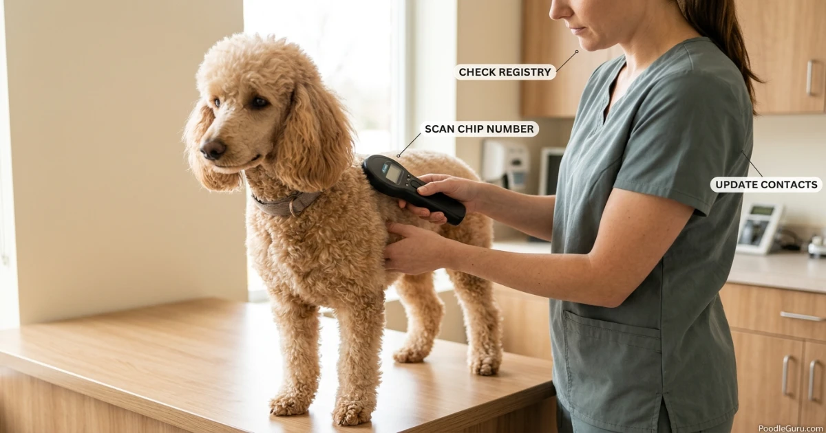 Microchip scanner being passed over the shoulder area of a calm Standard Poodle