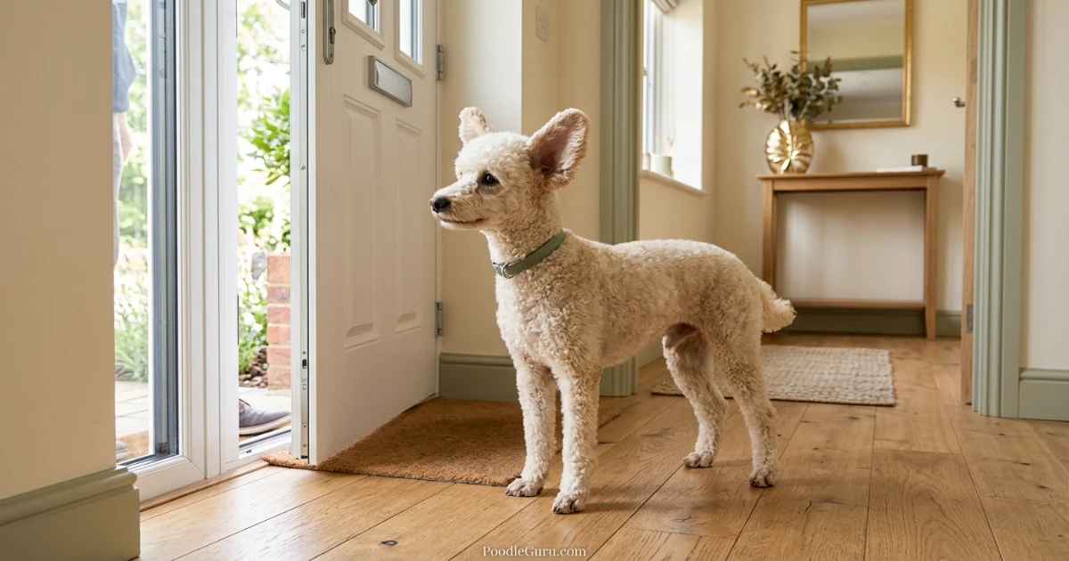 Miniature Poodle standing alert near a door, showing triggers for poodle humping behavior