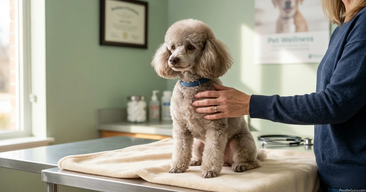 Miniature poodle sitting on a veterinary exam table, relevant to poodle coughing evaluation