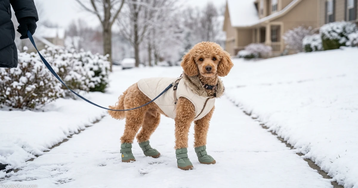 Miniature poodle wearing winter booties and an insulated jacket on a snowy sidewalk