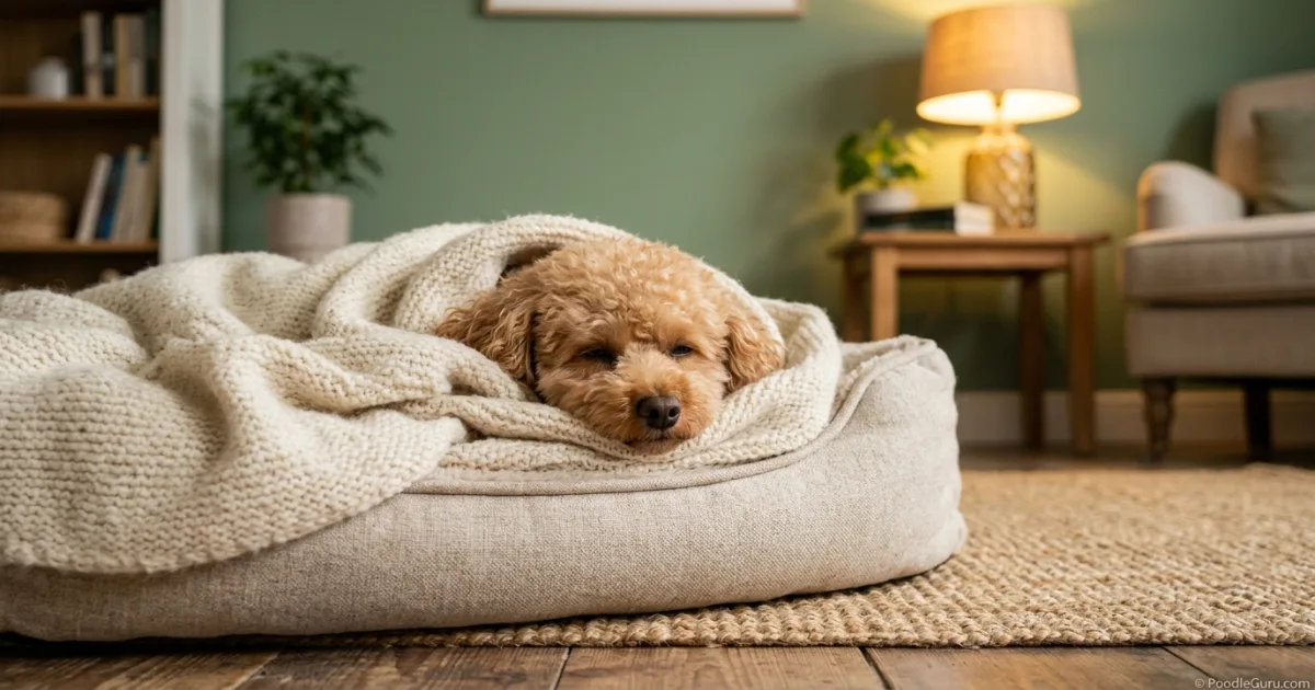 Miniature Poodle wrapped in a warm blanket after mild shivering