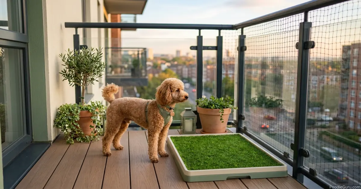 Miniature Poodle on an apartment balcony with a grass patch
