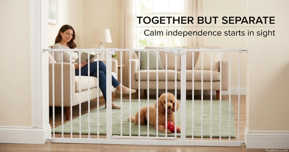 Healthy poodle attachment compared with anxious clingy behavior near a closed door