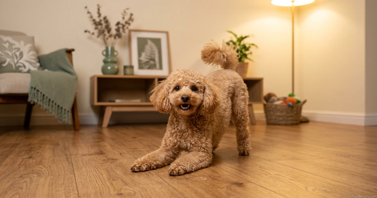 Miniature poodle in a play bow before nighttime zoomies