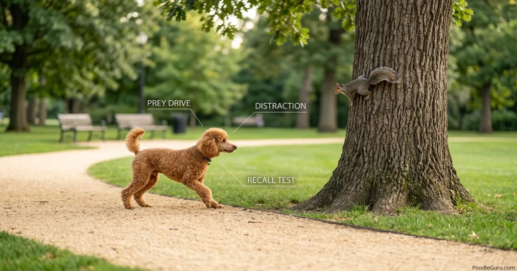 Miniature poodle running after squirrel, illustrating prey drive risk