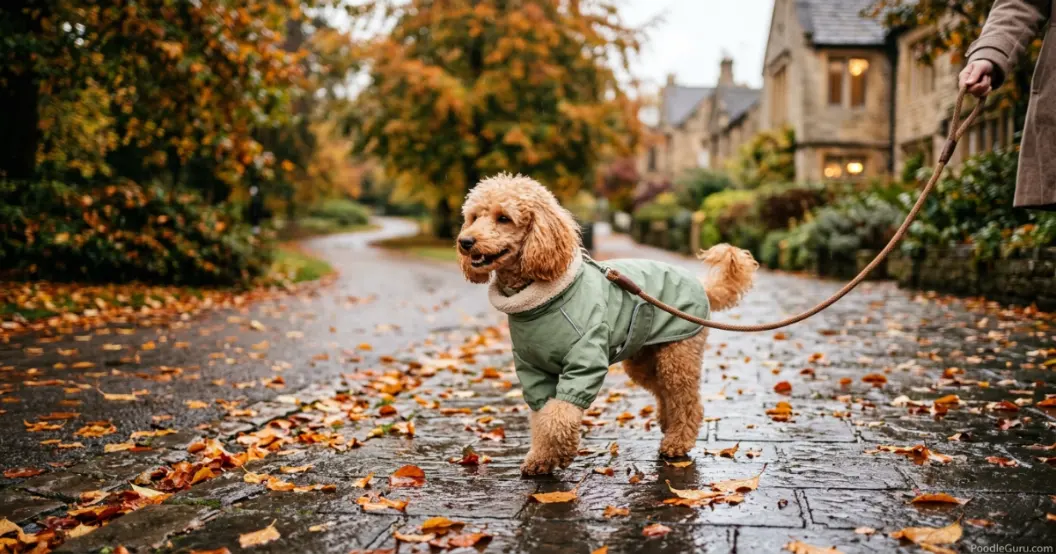 Miniature Poodle in a raincoat walking on a wet autumn sidewalk for daily exercise