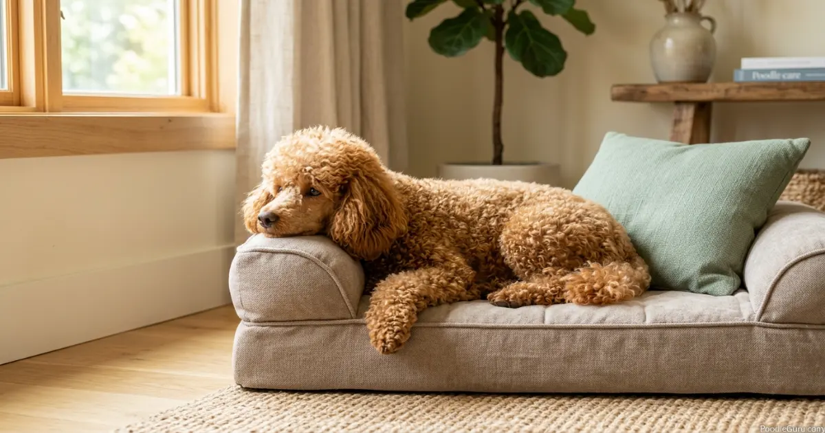 Miniature Poodle with healthy full coat resting during coat recovery