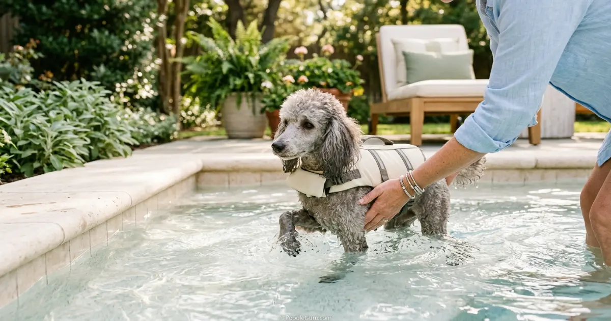 Silver Miniature Poodle learning to swim with owner's hand supporting under chest in a backyard pool